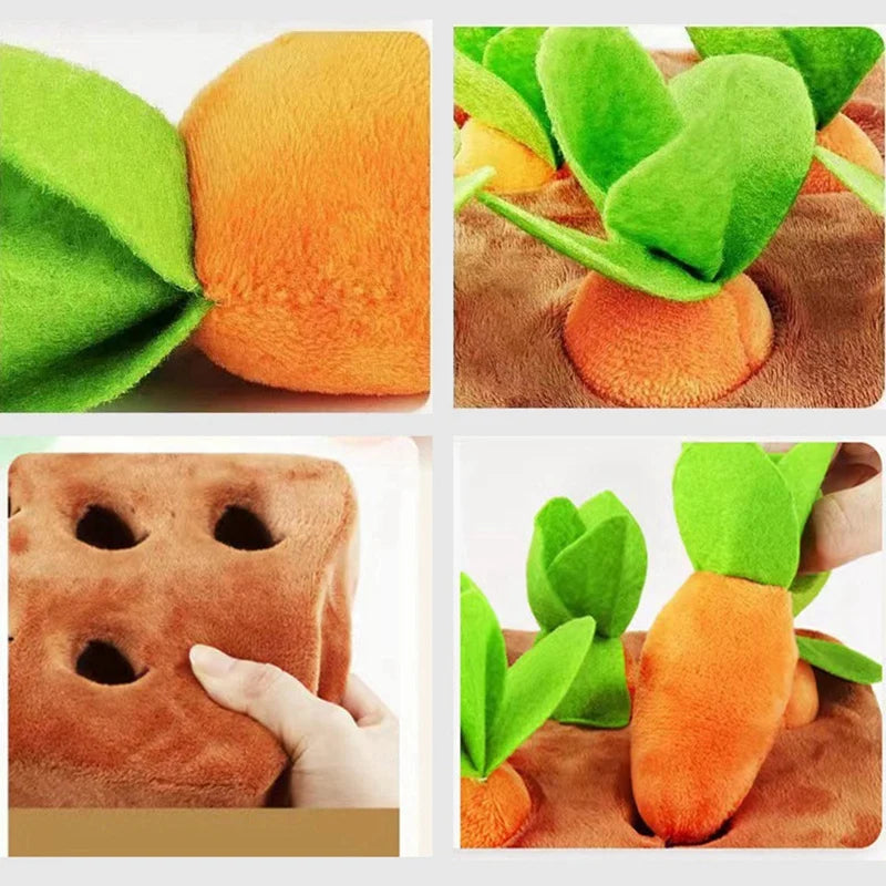 Wholesome Fun: Plush Carrot Dog Chew Toy with Hidden Treats and Pull-Out Radish Delight!